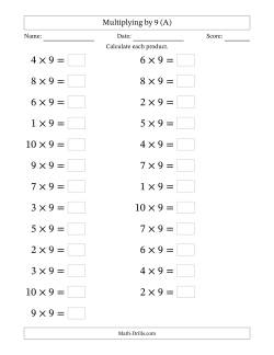 Horizontally Arranged Multiplying (1 to 10) by 9 (25 Questions; Large Print)