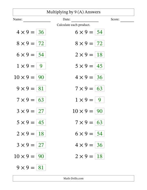 The Horizontally Arranged Multiplying (1 to 10) by 9 (25 Questions; Large Print) (A) Math Worksheet Page 2