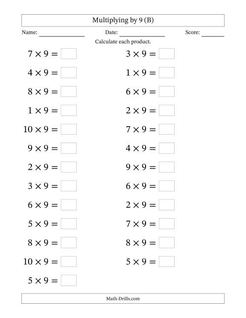 The Horizontally Arranged Multiplying (1 to 10) by 9 (25 Questions; Large Print) (B) Math Worksheet