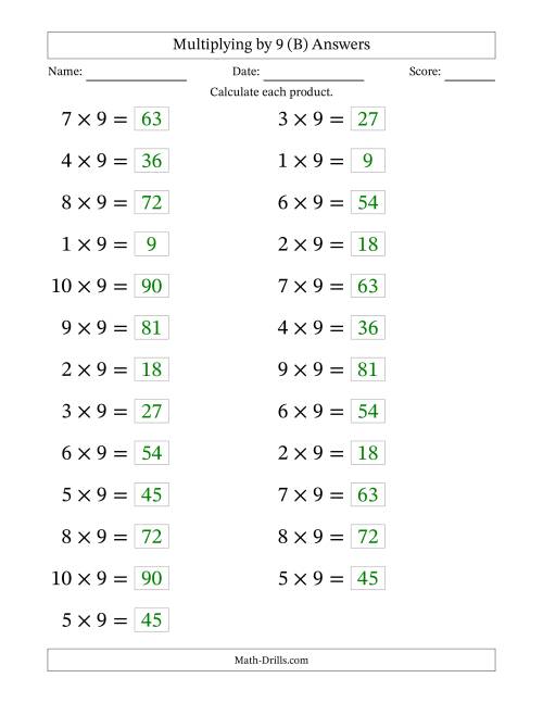 The Horizontally Arranged Multiplying (1 to 10) by 9 (25 Questions; Large Print) (B) Math Worksheet Page 2