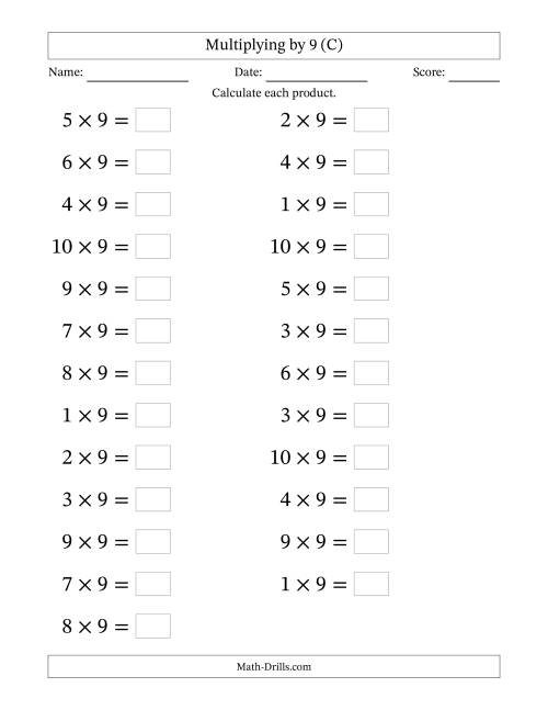 The Horizontally Arranged Multiplying (1 to 10) by 9 (25 Questions; Large Print) (C) Math Worksheet