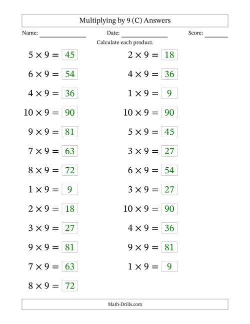 The Horizontally Arranged Multiplying (1 to 10) by 9 (25 Questions; Large Print) (C) Math Worksheet Page 2