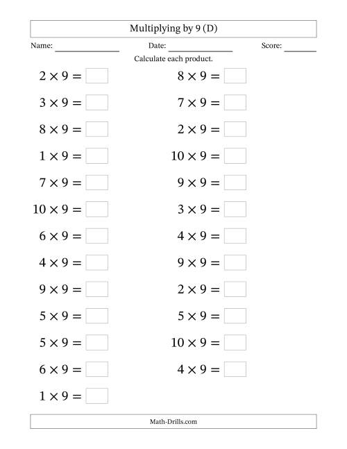 The Horizontally Arranged Multiplying (1 to 10) by 9 (25 Questions; Large Print) (D) Math Worksheet