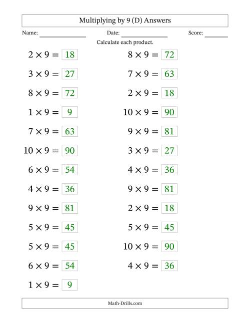 The Horizontally Arranged Multiplying (1 to 10) by 9 (25 Questions; Large Print) (D) Math Worksheet Page 2