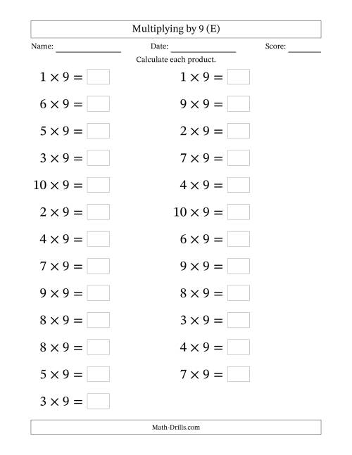 The Horizontally Arranged Multiplying (1 to 10) by 9 (25 Questions; Large Print) (E) Math Worksheet