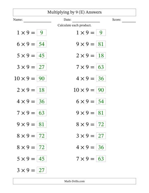 The Horizontally Arranged Multiplying (1 to 10) by 9 (25 Questions; Large Print) (E) Math Worksheet Page 2
