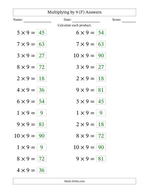 The Horizontally Arranged Multiplying (1 to 10) by 9 (25 Questions; Large Print) (F) Math Worksheet Page 2