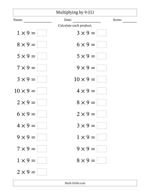 The Horizontally Arranged Multiplying (1 to 10) by 9 (25 Questions; Large Print) (G) Math Worksheet