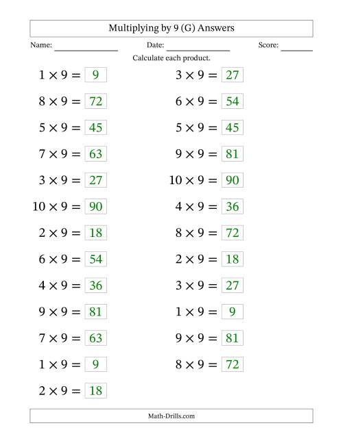 The Horizontally Arranged Multiplying (1 to 10) by 9 (25 Questions; Large Print) (G) Math Worksheet Page 2
