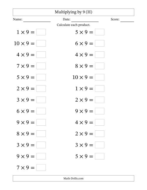 The Horizontally Arranged Multiplying (1 to 10) by 9 (25 Questions; Large Print) (H) Math Worksheet