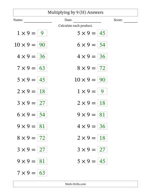 The Horizontally Arranged Multiplying (1 to 10) by 9 (25 Questions; Large Print) (H) Math Worksheet Page 2