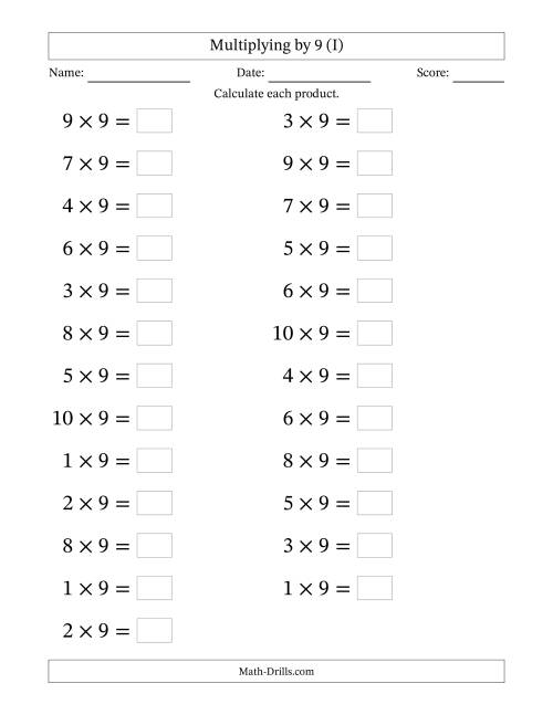 The Horizontally Arranged Multiplying (1 to 10) by 9 (25 Questions; Large Print) (I) Math Worksheet