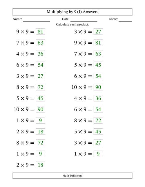 The Horizontally Arranged Multiplying (1 to 10) by 9 (25 Questions; Large Print) (I) Math Worksheet Page 2