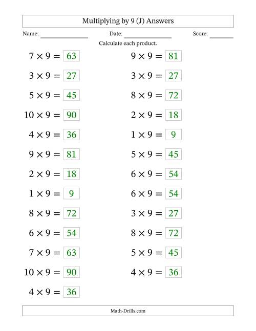 The Horizontally Arranged Multiplying (1 to 10) by 9 (25 Questions; Large Print) (J) Math Worksheet Page 2