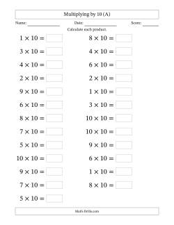 Horizontally Arranged Multiplying (1 to 10) by 10 (25 Questions; Large Print)