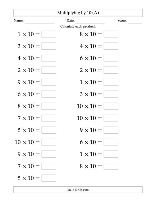 The Horizontally Arranged Multiplying (1 to 10) by 10 (25 Questions; Large Print) (A) Math Worksheet