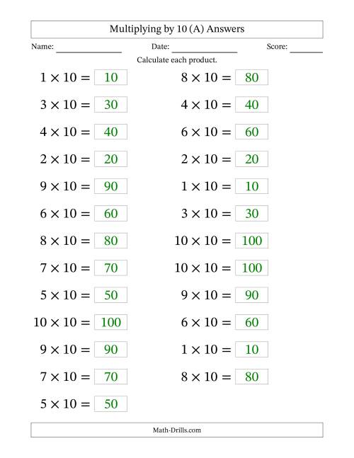 The Horizontally Arranged Multiplying (1 to 10) by 10 (25 Questions; Large Print) (A) Math Worksheet Page 2