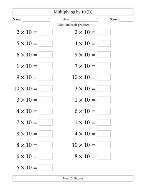 The Horizontally Arranged Multiplying (1 to 10) by 10 (25 Questions; Large Print) (B) Math Worksheet