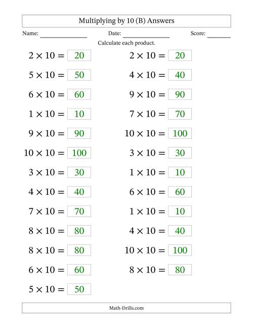 The Horizontally Arranged Multiplying (1 to 10) by 10 (25 Questions; Large Print) (B) Math Worksheet Page 2