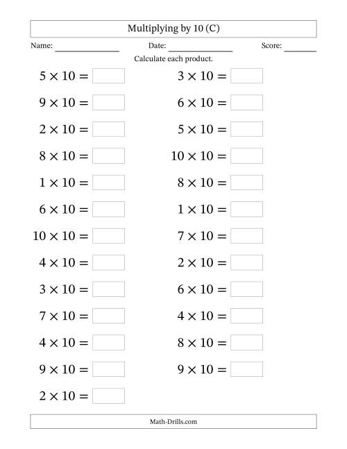 The Horizontally Arranged Multiplying (1 to 10) by 10 (25 Questions; Large Print) (C) Math Worksheet