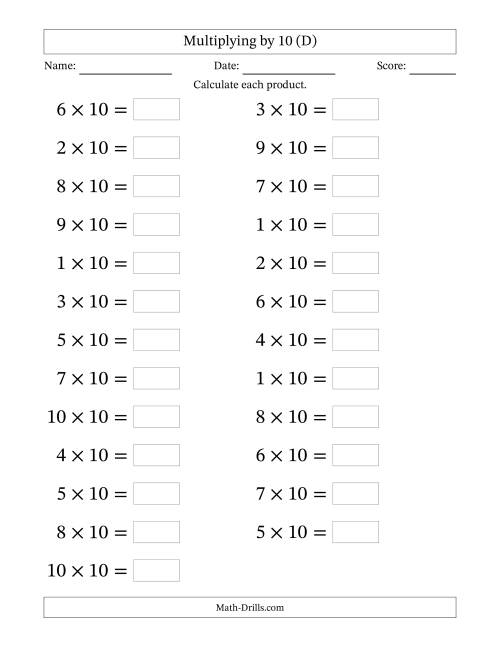 The Horizontally Arranged Multiplying (1 to 10) by 10 (25 Questions; Large Print) (D) Math Worksheet