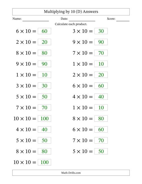 The Horizontally Arranged Multiplying (1 to 10) by 10 (25 Questions; Large Print) (D) Math Worksheet Page 2
