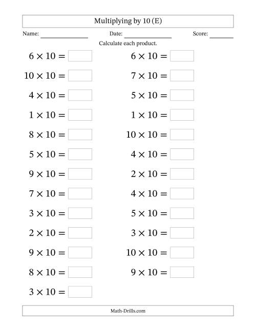 The Horizontally Arranged Multiplying (1 to 10) by 10 (25 Questions; Large Print) (E) Math Worksheet