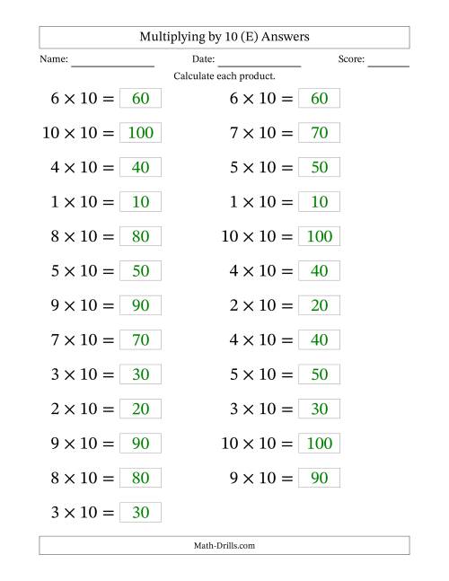 The Horizontally Arranged Multiplying (1 to 10) by 10 (25 Questions; Large Print) (E) Math Worksheet Page 2