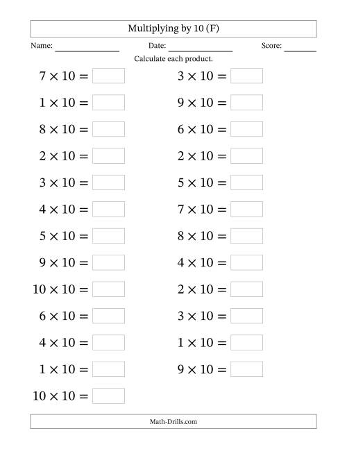 The Horizontally Arranged Multiplying (1 to 10) by 10 (25 Questions; Large Print) (F) Math Worksheet