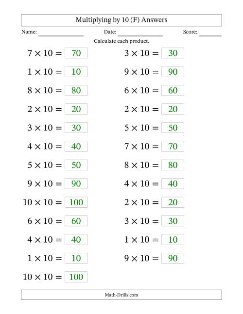 The Horizontally Arranged Multiplying (1 to 10) by 10 (25 Questions; Large Print) (F) Math Worksheet Page 2