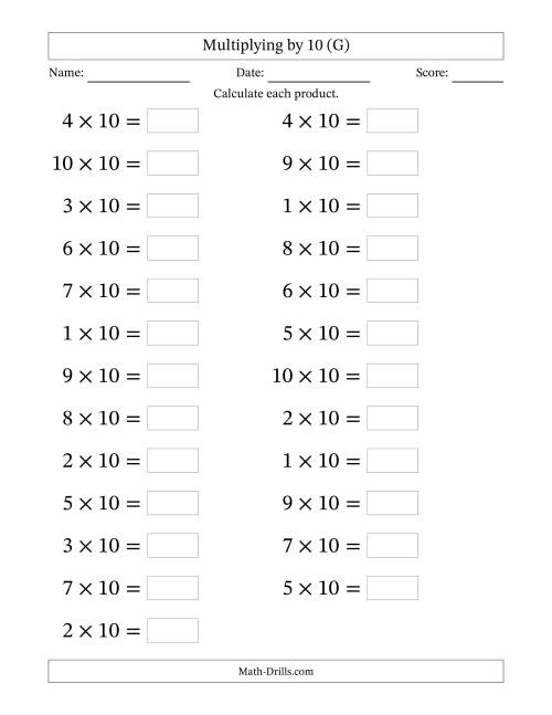 The Horizontally Arranged Multiplying (1 to 10) by 10 (25 Questions; Large Print) (G) Math Worksheet