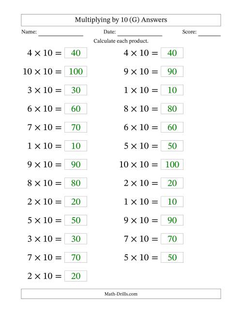 The Horizontally Arranged Multiplying (1 to 10) by 10 (25 Questions; Large Print) (G) Math Worksheet Page 2