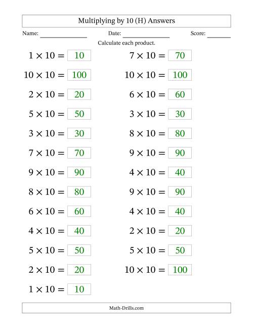 The Horizontally Arranged Multiplying (1 to 10) by 10 (25 Questions; Large Print) (H) Math Worksheet Page 2
