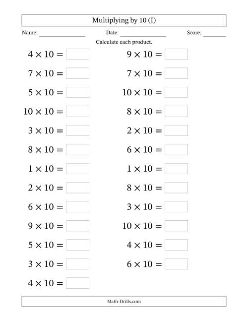 The Horizontally Arranged Multiplying (1 to 10) by 10 (25 Questions; Large Print) (I) Math Worksheet