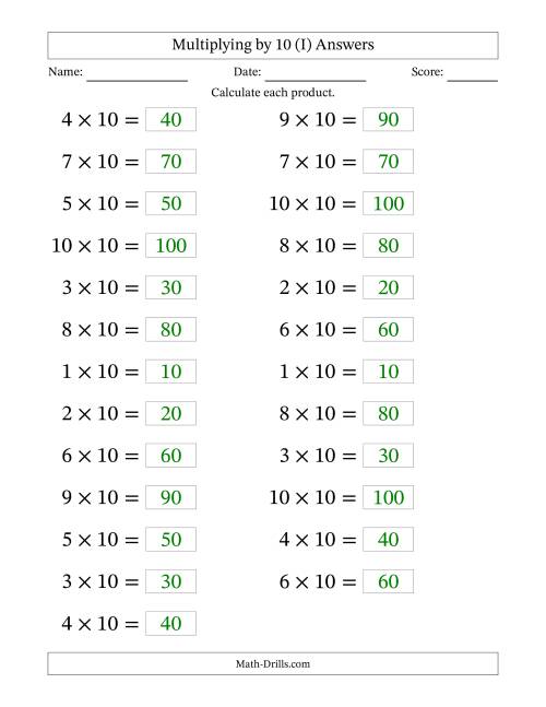 The Horizontally Arranged Multiplying (1 to 10) by 10 (25 Questions; Large Print) (I) Math Worksheet Page 2