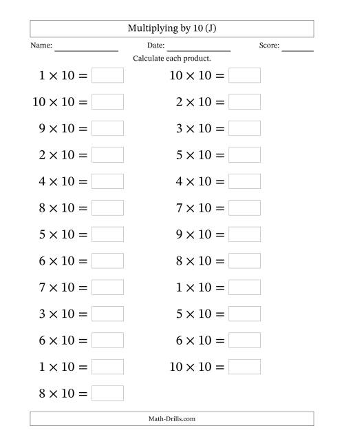 The Horizontally Arranged Multiplying (1 to 10) by 10 (25 Questions; Large Print) (J) Math Worksheet