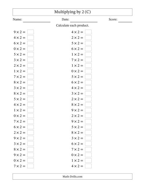 The Horizontally Arranged Multiplying (0 to 9) by 2 (50 Questions) (C) Math Worksheet