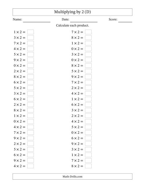 The Horizontally Arranged Multiplying (0 to 9) by 2 (50 Questions) (D) Math Worksheet