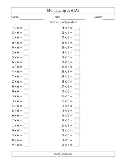 Horizontally Arranged Multiplying (0 to 9) by 6 (50 Questions)