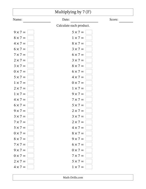 The Horizontally Arranged Multiplying (0 to 9) by 7 (50 Questions) (F) Math Worksheet