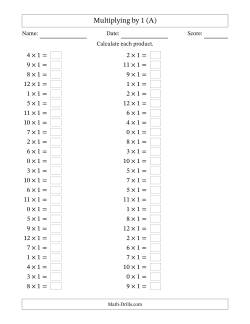 Horizontally Arranged Multiplying (0 to 12) by 1 (50 Questions)