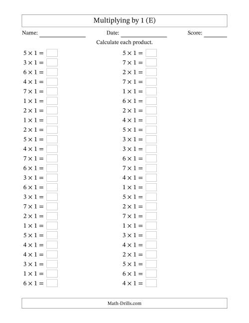 The Horizontally Arranged Multiplying (1 to 7) by 1 (50 Questions) (E) Math Worksheet