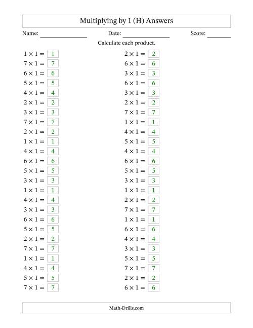 The Horizontally Arranged Multiplying (1 to 7) by 1 (50 Questions) (H) Math Worksheet Page 2