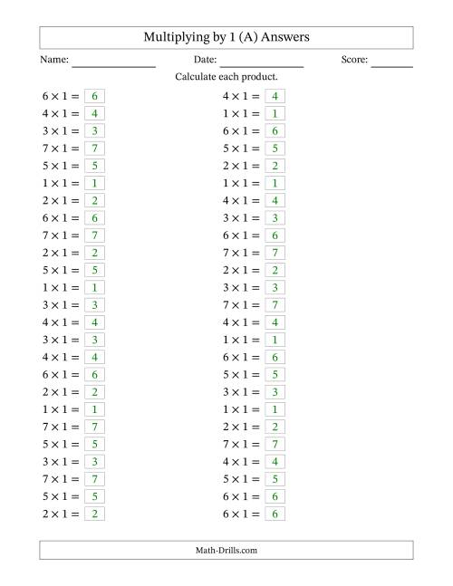 The Horizontally Arranged Multiplying (1 to 7) by 1 (50 Questions) (All) Math Worksheet Page 2