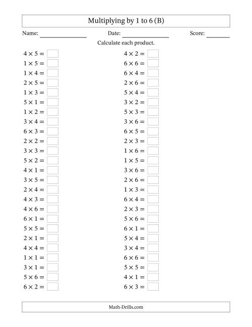The Horizontally Arranged Multiplication Facts with Factors 1 to 6 and Products to 36 (50 Questions) (B) Math Worksheet