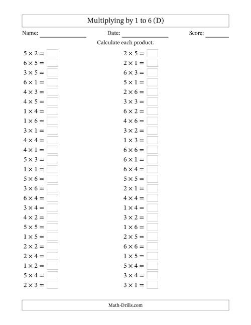 The Horizontally Arranged Multiplication Facts with Factors 1 to 6 and Products to 36 (50 Questions) (D) Math Worksheet