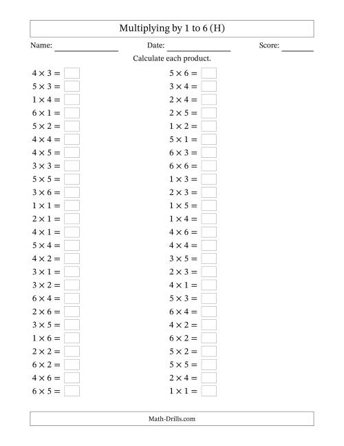 The Horizontally Arranged Multiplication Facts with Factors 1 to 6 and Products to 36 (50 Questions) (H) Math Worksheet