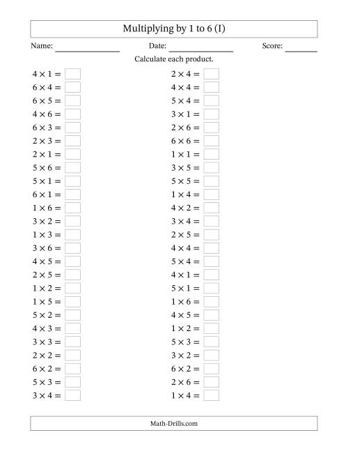 The Horizontally Arranged Multiplication Facts with Factors 1 to 6 and Products to 36 (50 Questions) (I) Math Worksheet