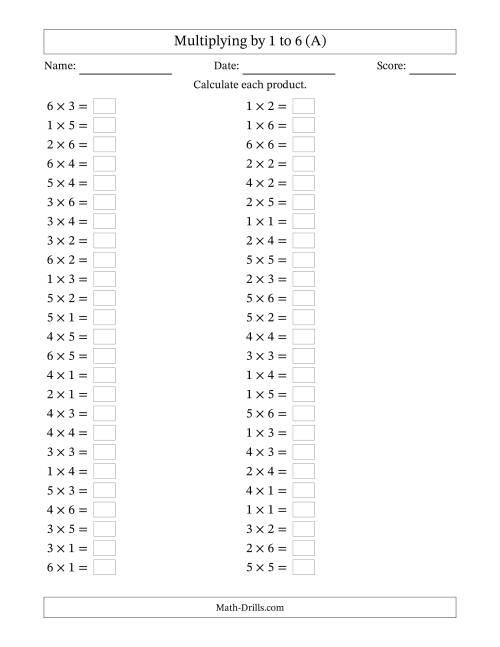 The Horizontally Arranged Multiplication Facts with Factors 1 to 6 and Products to 36 (50 Questions) (All) Math Worksheet
