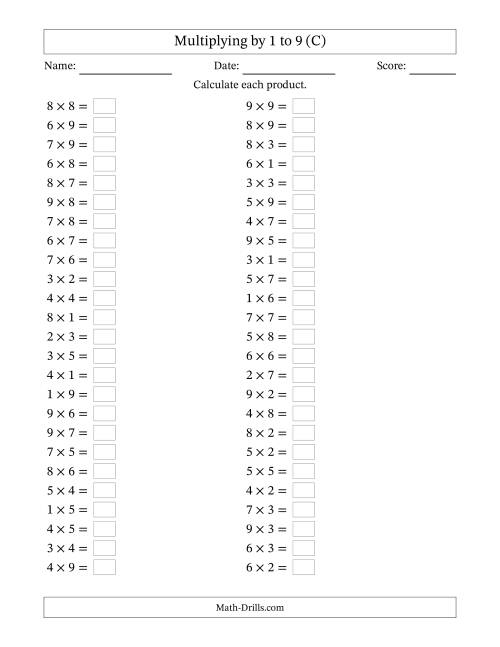 The Horizontally Arranged Multiplication Facts with Factors 1 to 9 and Products to 81 (50 Questions) (C) Math Worksheet